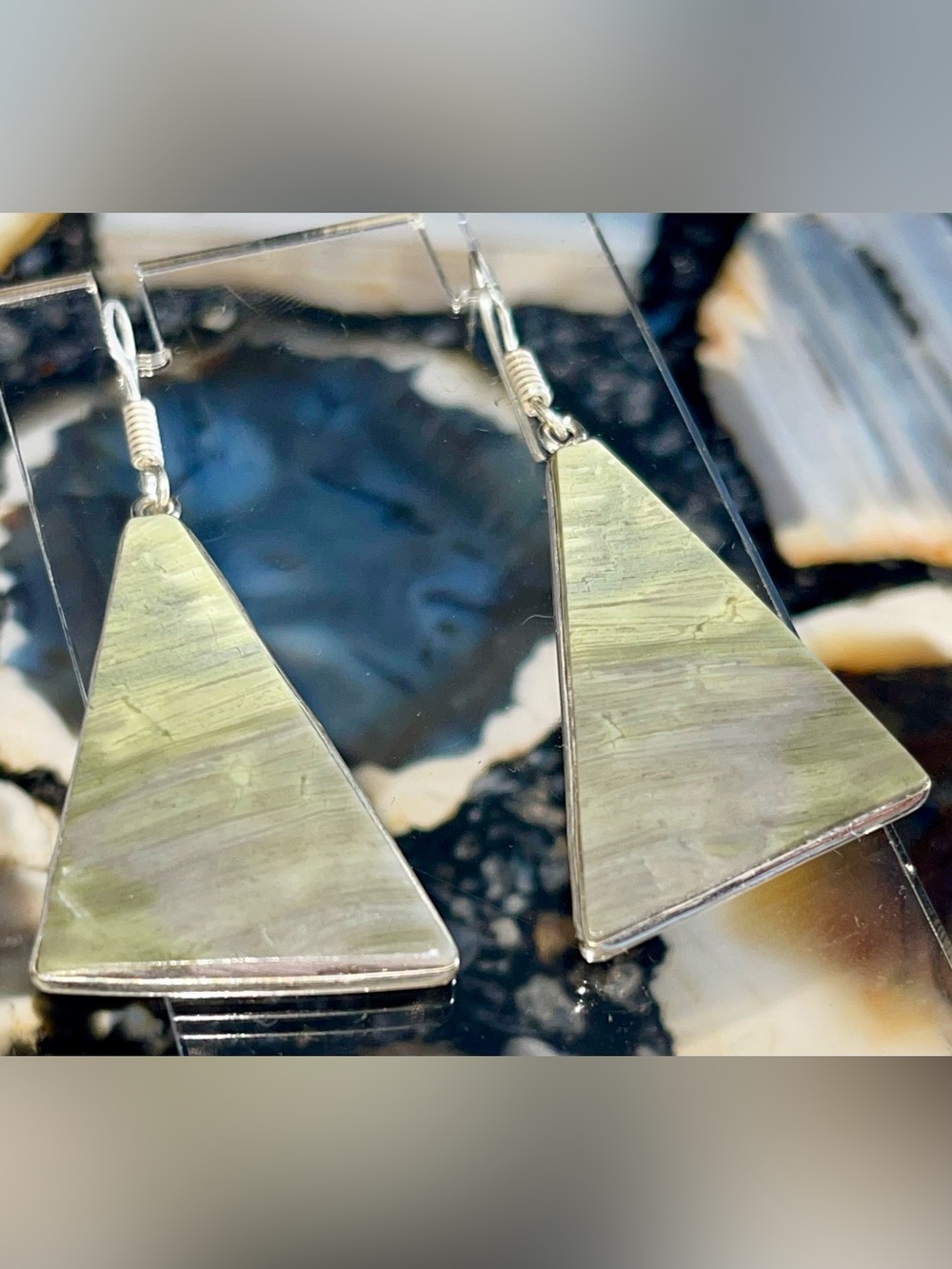 Triangular Drop Light Green Larsonite Earrings 2”
